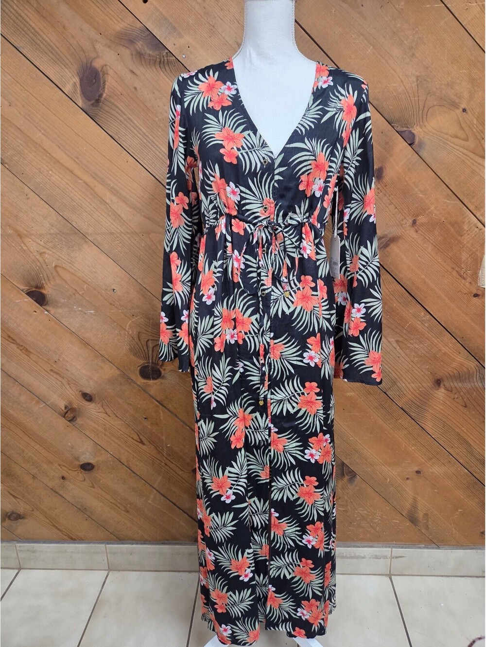Honolulu Surf & Co Maxi Dress Womens S Black Tropical Floral Long Sleeve NWT
